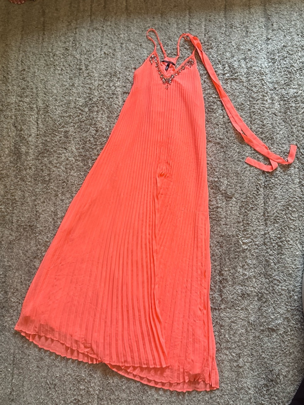 Vintage Victorias Secret Coral Pleated Maxi Dress with Beaded V-Neck